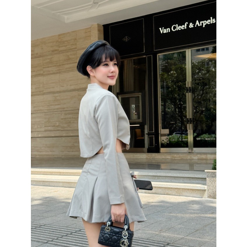 Set Nữ Crop Blazer Bowtie Skirt, Chất Vải Kaki Thoải Mái, WSB092, SOMEHOW