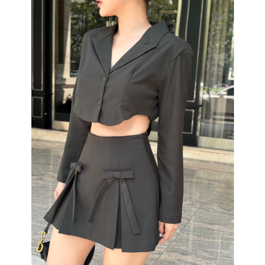 Set Nữ Crop Blazer Bowtie Skirt, Chất Vải Kaki Thoải Mái, WSB092, SOMEHOW