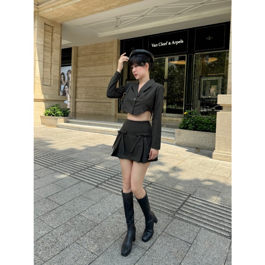 Set Nữ Crop Blazer Bowtie Skirt, Chất Vải Kaki Thoải Mái, WSB092, SOMEHOW