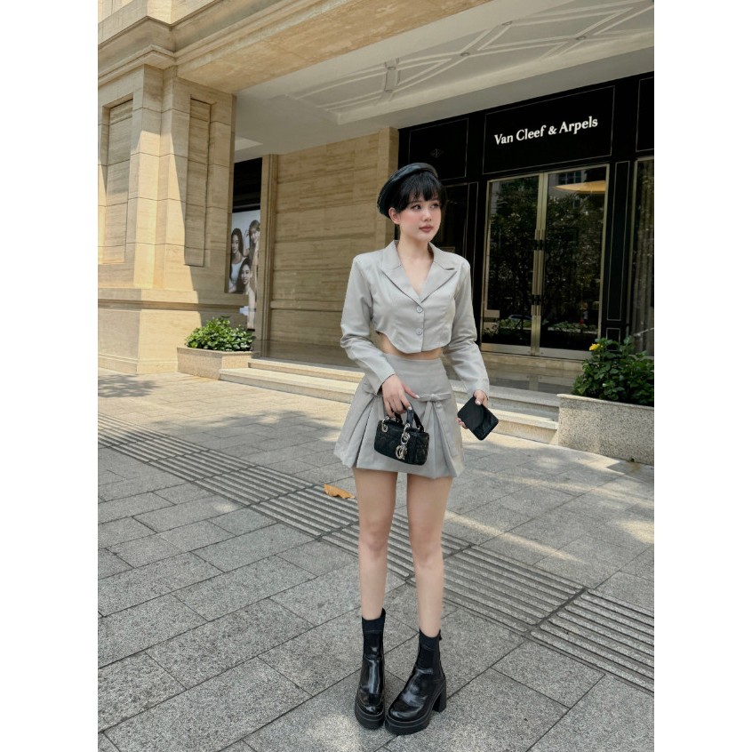 Set Nữ Crop Blazer Bowtie Skirt, Chất Vải Kaki Thoải Mái, WSB092, SOMEHOW