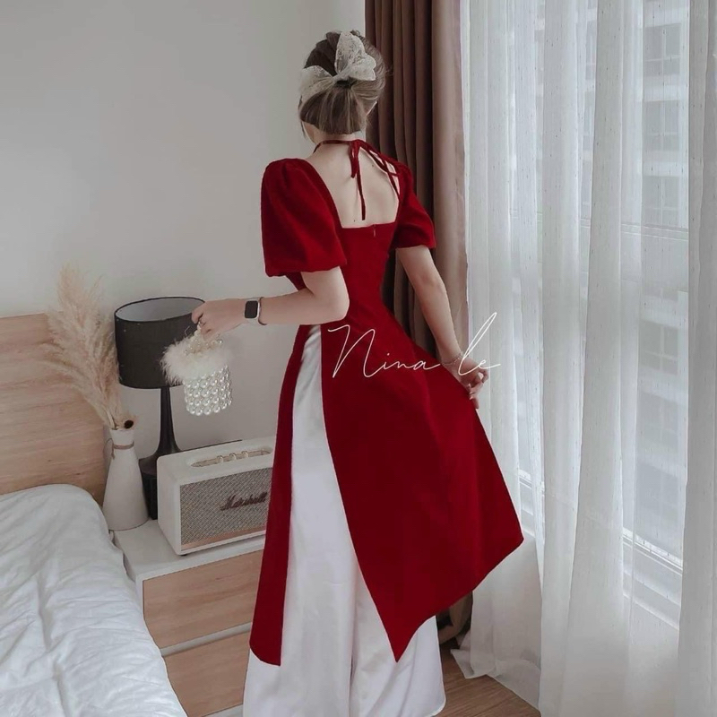 SET ÁO DÀI ĐỎ CÁCH ĐIỆU CỔ YẾM KHOÉT VAI KÈM QUẦN CULOTTES SUÔNG TRẮNG