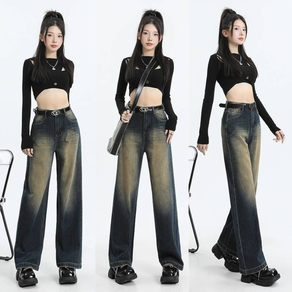 Quần jean nữ ống suông rộng MIAA lưng cao màu retro, quần bò ống suông demin phong cách cá tính Hàn Quốc_Q18