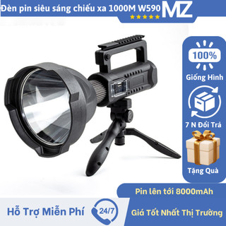 Đèn pin siêu sáng chiếu xa 1000m w590 w591 sáng 4 đến 6 giờ đèn pin kiêm sạc dự phòng pin 8000mah
