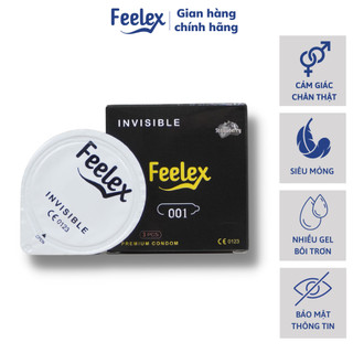 Bao cao su Feelex Invisible siêu mỏng, nhiều gel bôi trơn, hương dâu, nhỏ gọn - hộp 03 chiếc