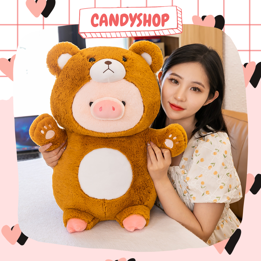 Thú nhồi bông bé Heo đội lốt gấu nâu siêu đáng yêu êm ái lông mượt mà  - Hàng có sẵn Candyshop