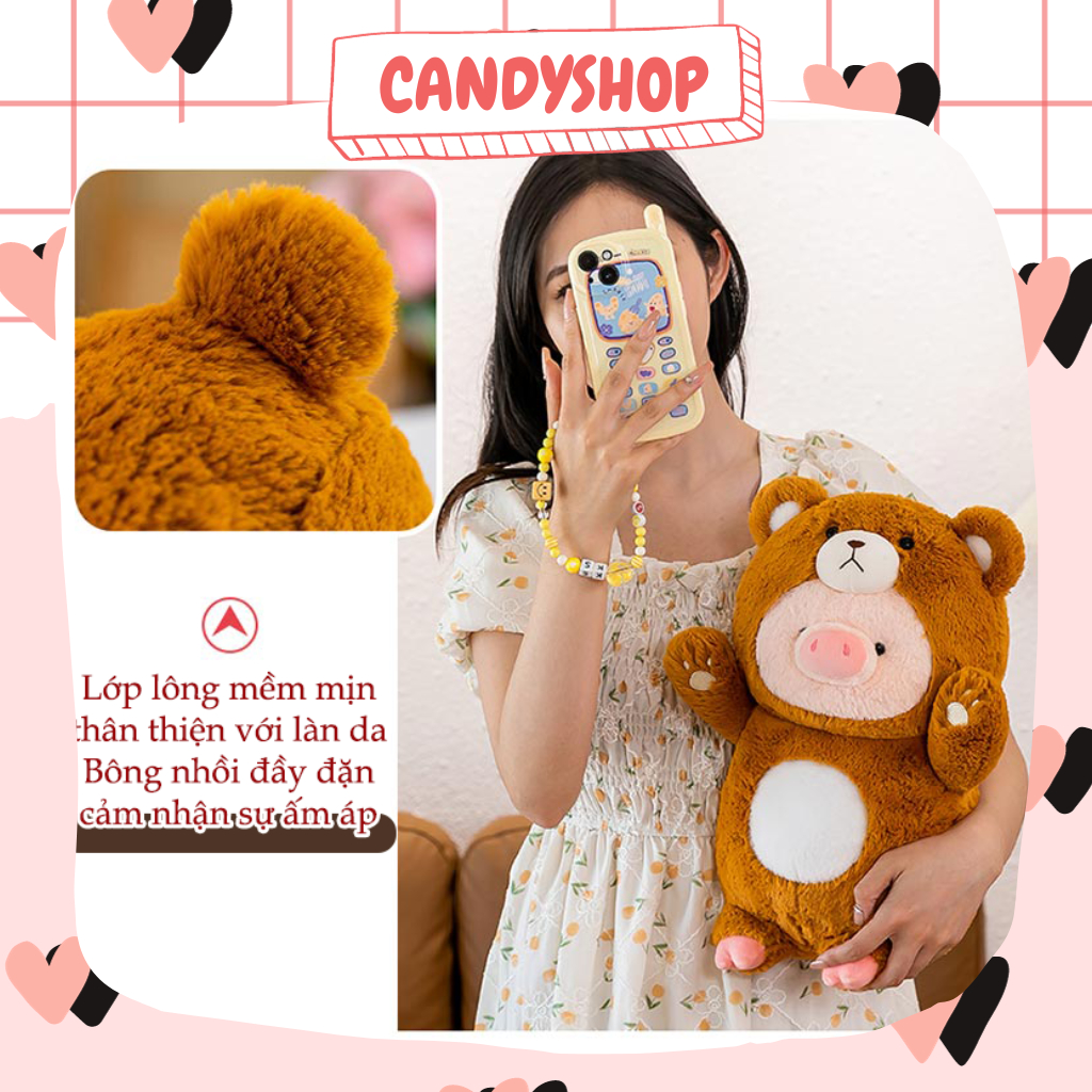 Thú nhồi bông bé Heo đội lốt gấu nâu siêu đáng yêu êm ái lông mượt mà  - Hàng có sẵn Candyshop