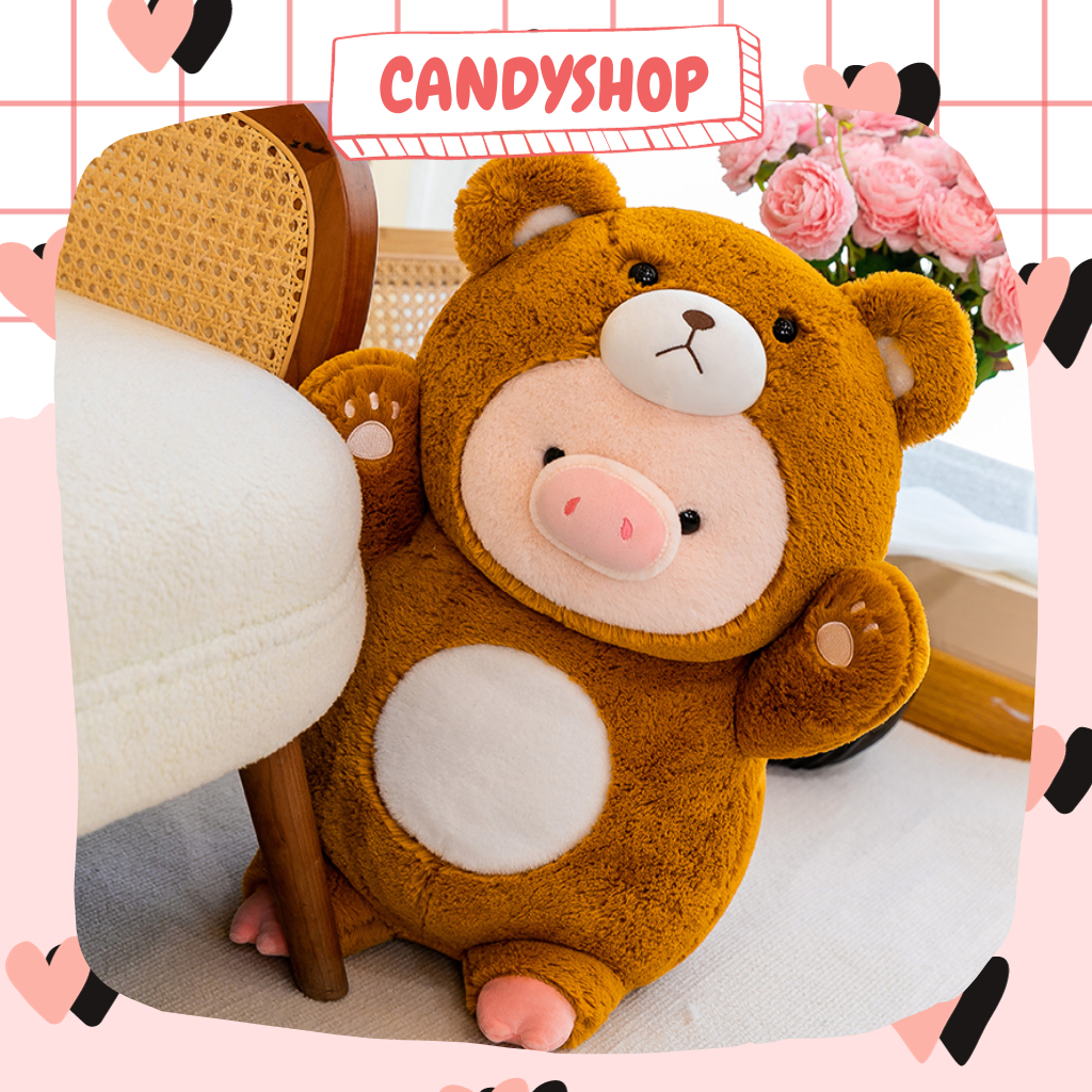 Thú nhồi bông bé Heo đội lốt gấu nâu siêu đáng yêu êm ái lông mượt mà  - Hàng có sẵn Candyshop