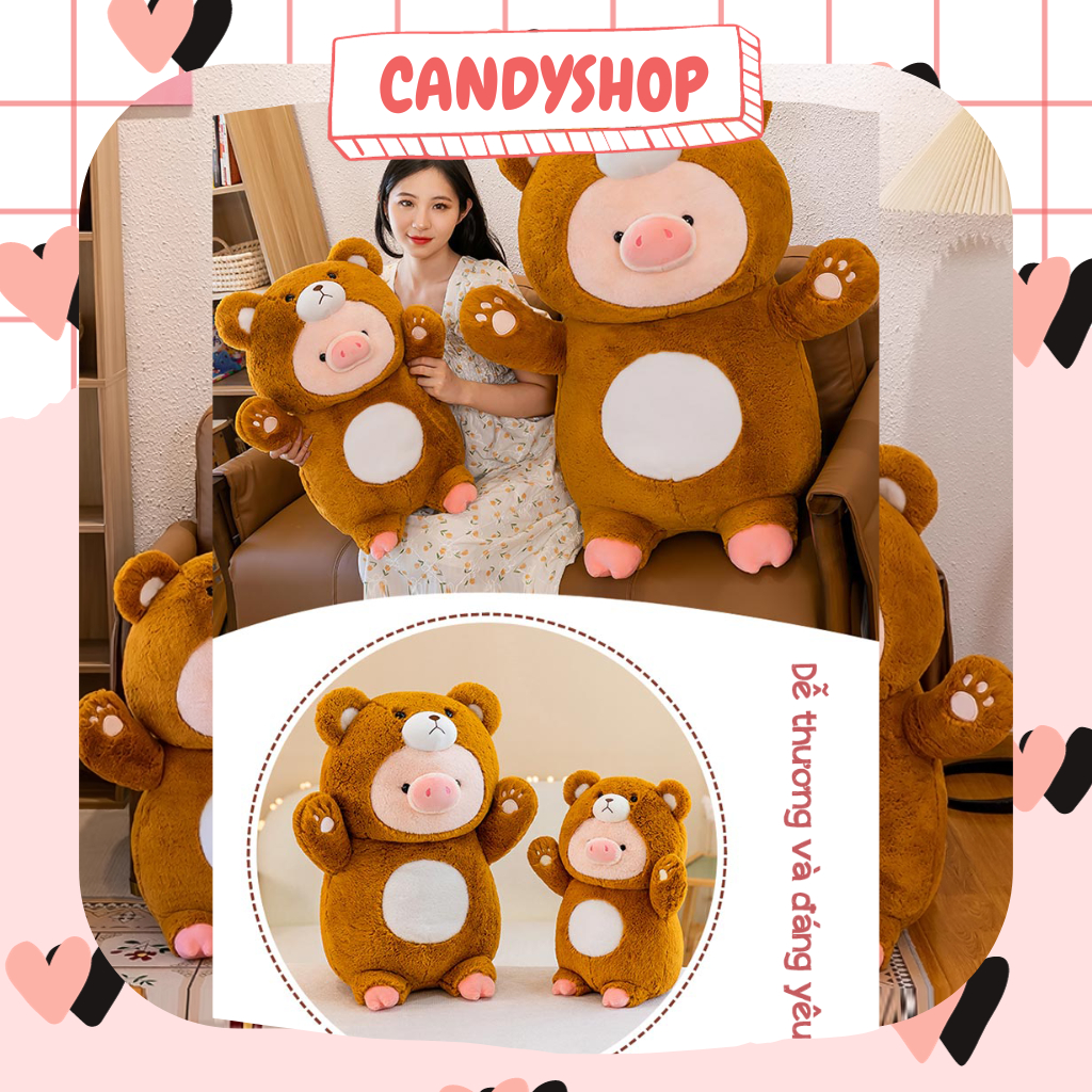 Thú nhồi bông bé Heo đội lốt gấu nâu siêu đáng yêu êm ái lông mượt mà  - Hàng có sẵn Candyshop
