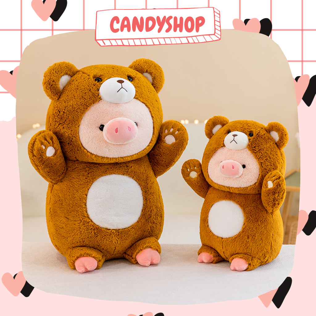 Thú nhồi bông bé Heo đội lốt gấu nâu siêu đáng yêu êm ái lông mượt mà  - Hàng có sẵn Candyshop