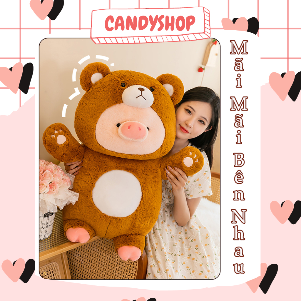 Thú nhồi bông bé Heo đội lốt gấu nâu siêu đáng yêu êm ái lông mượt mà  - Hàng có sẵn Candyshop