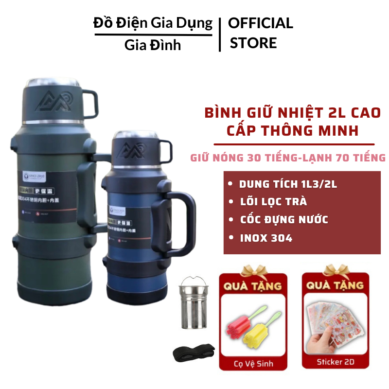 Bình Giữ Nhiệt Cao Cấp Dung Tích 2L-1L3 Có Dây Đeo Giữ Lạnh 72 Tiếng - Giữ Nóng 24 Tiếng Tặng Kèm Cọ Vệ Sinh Bình Nước