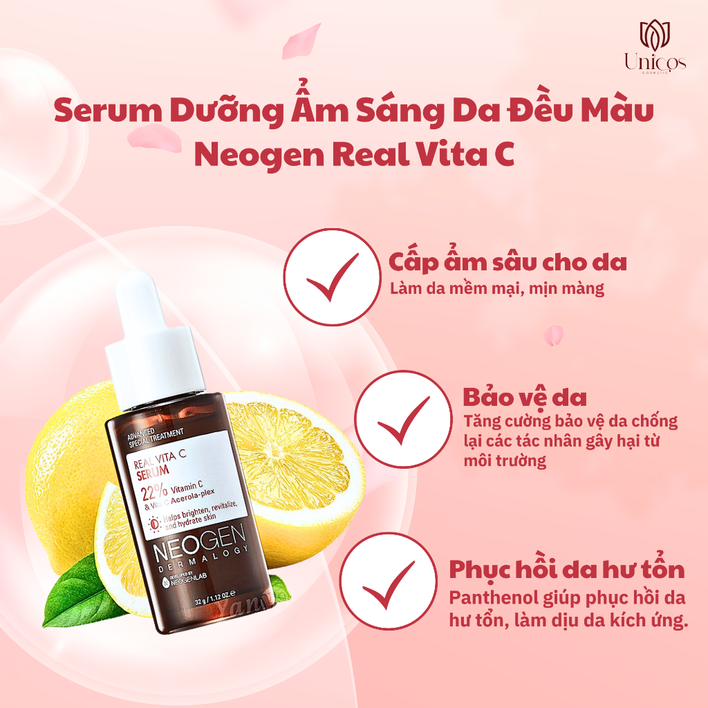 Serum Dưỡng Ẩm Sáng Da Đều Màu Neogen Real Vita C - Serum Lành Tính Cấp Ẩm Tức Thì - Tinh Chất Phục Hồi Căng Mịn Da 30ml