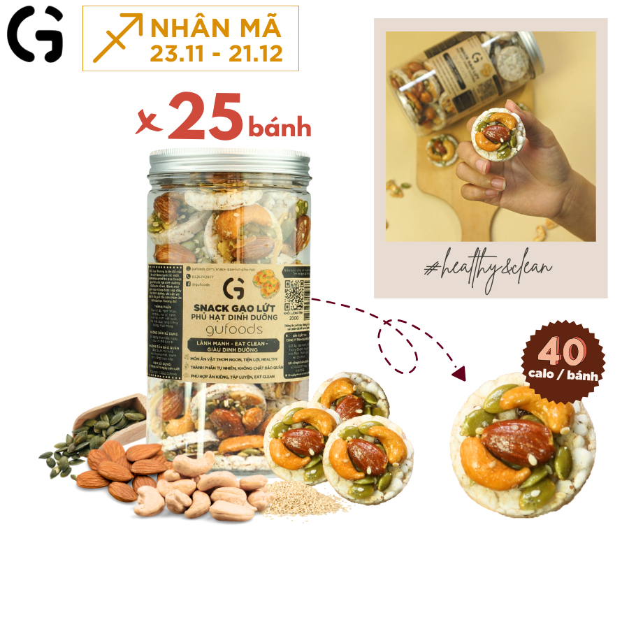 Snack ăn kiêng gạo lứt ngũ cốc nguyên hạt GUfoods - Thanh đạm, Tiện lợi, Phù hợp Eat clean (80g/100g/200g) - Quà Tết