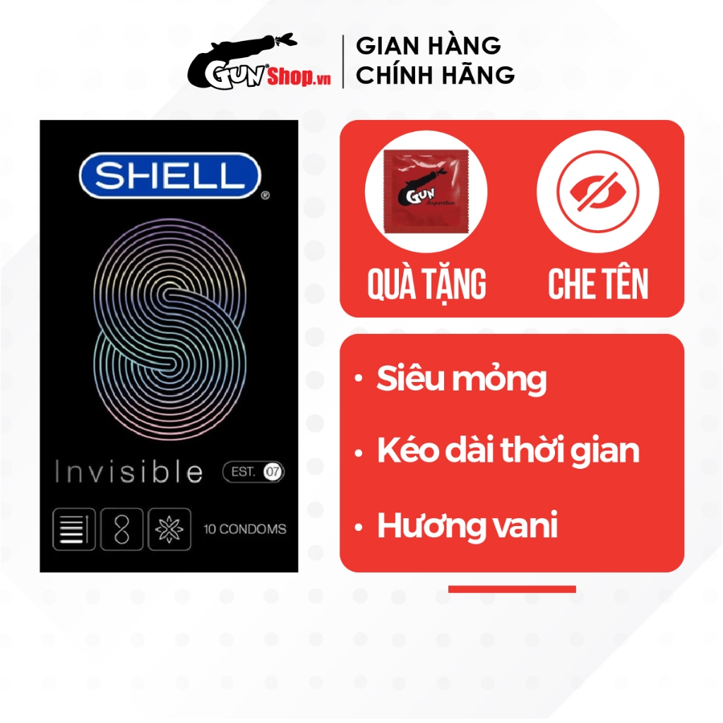 Bao cao su Shell Invisible siêu mỏng, kéo dài thời gian hộp 10 cái | GUNSHOP VIỆT NAM