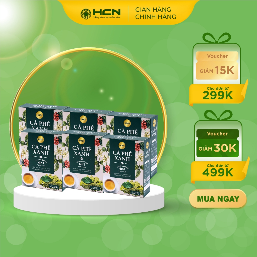 Combo 6 hộp Cà Phê Xanh Hogi 4 Trong 1 Kháng Mỡ Giảm Cân, Giảm Sự Thèm Ăn Hộp 15 Gói