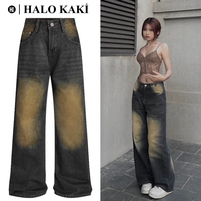 QUẦN JEANS BAGGY WASH NÂU VÀNG TRƠN/RÁCH - QUẦN JEANS WASH (NÂU VÀNG) VINTAGE RÁCH GỐI ỐNG RỘNG PHỦ GÓT - HALO KAKI | BigBuy360 - bigbuy360.vn