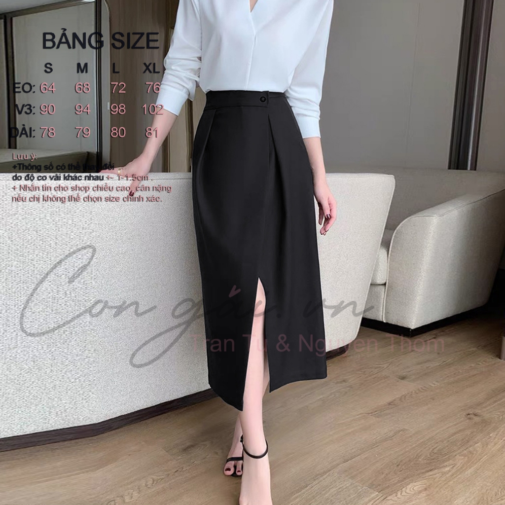 Chân váy thiết kế dáng dài, xếp tà trước Congaivn CV11 vải Kate dày, co giãn, 1 lớp, màu ĐEN