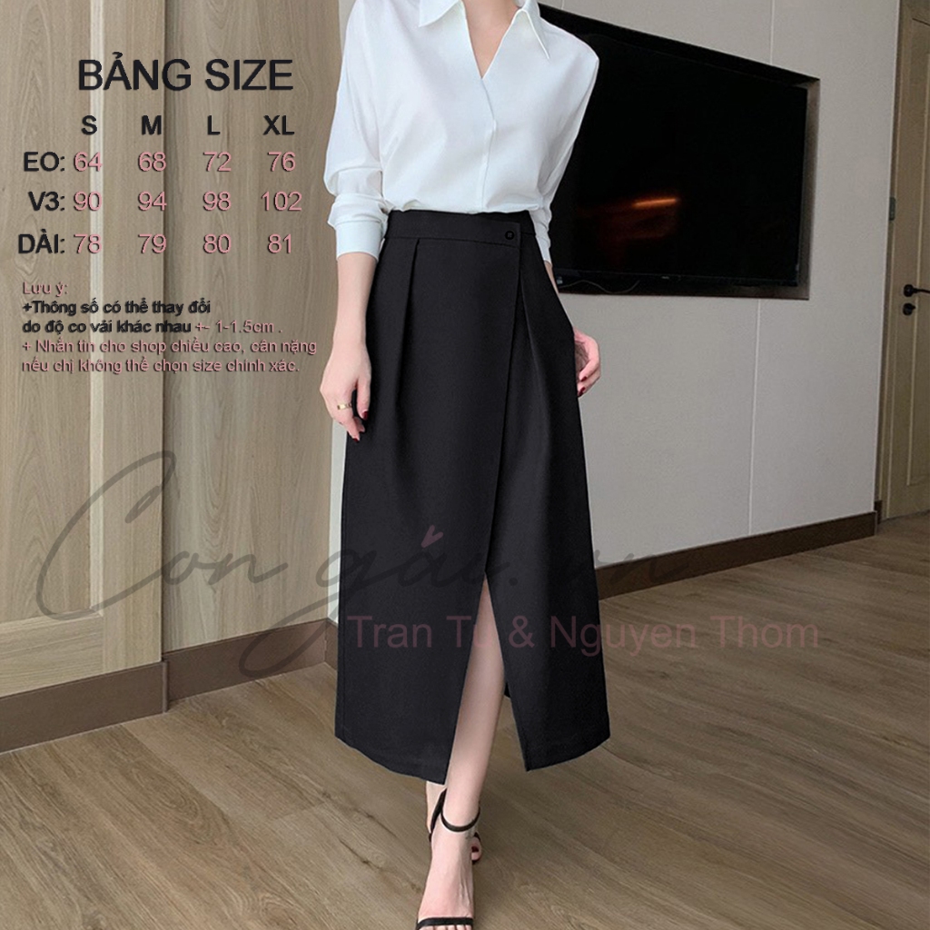 Chân váy thiết kế dáng dài, xếp tà trước Congaivn CV11 vải Kate dày, co giãn, 1 lớp, màu ĐEN