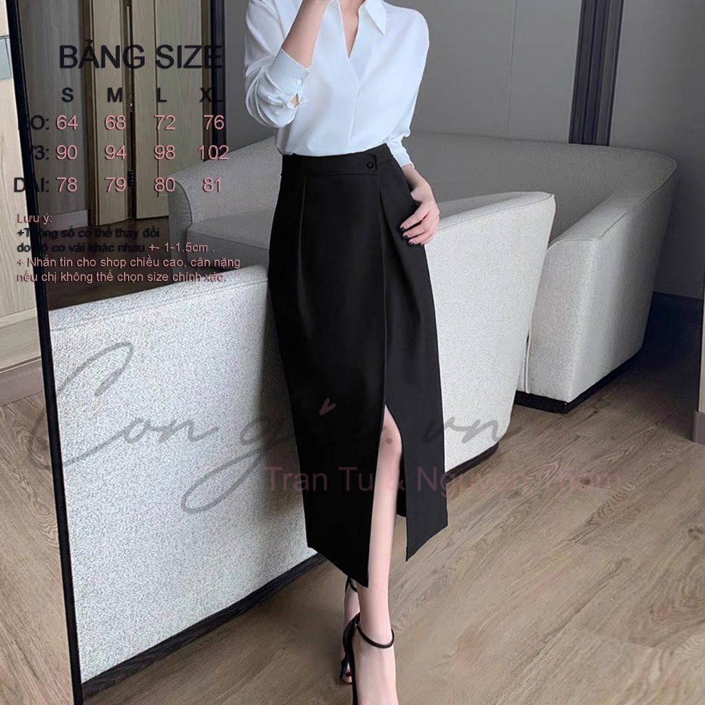 Chân váy thiết kế dáng dài, xếp tà trước Congaivn CV11 vải Kate dày, co giãn, 1 lớp, màu ĐEN