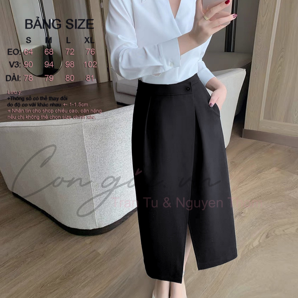 Chân váy thiết kế dáng dài, xếp tà trước Congaivn CV11 vải Kate dày, co giãn, 1 lớp, màu ĐEN