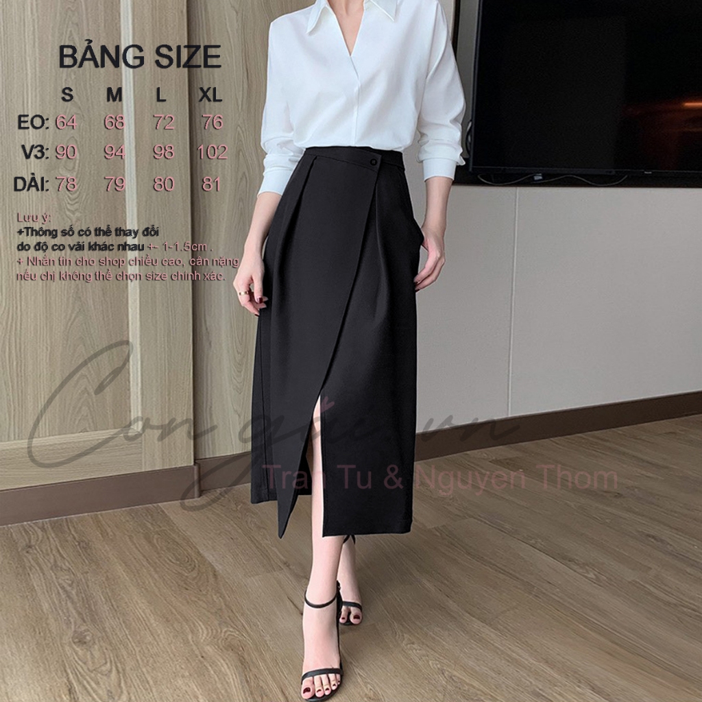 Chân váy thiết kế dáng dài, xếp tà trước Congaivn CV11 vải Kate dày, co giãn, 1 lớp, màu ĐEN