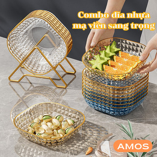 Combo 4 đĩa nhựa trong suốt viền vàng nhựa Acrylic cao cấp , Đĩa lòng sâu đựng đồ đa năng sang trọng phong cách Bắc Âu
