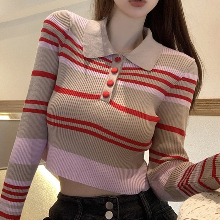 Áo thun len croptop nữ Kẻ sọc ngang Tay dài Cổ POLO Hàn Quốc Áo phông thun len nữ Dáng lửng ngắn Form ôm