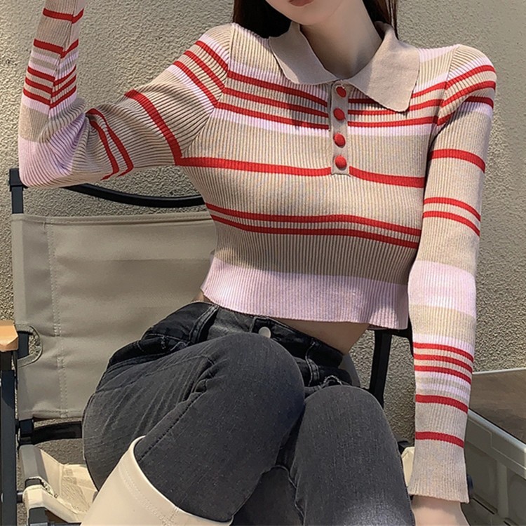 Áo thun len croptop nữ Kẻ sọc ngang Tay dài Cổ POLO Hàn Quốc Áo phông thun len nữ Dáng lửng ngắn Form ôm
