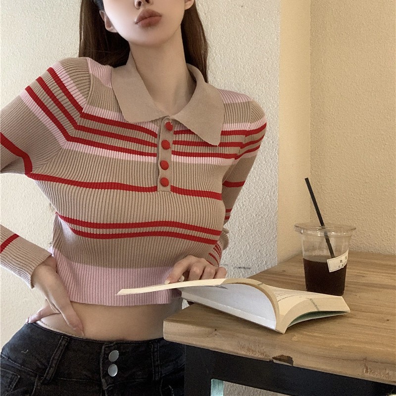Áo thun len croptop nữ Kẻ sọc ngang Tay dài Cổ POLO Hàn Quốc Áo phông thun len nữ Dáng lửng ngắn Form ôm