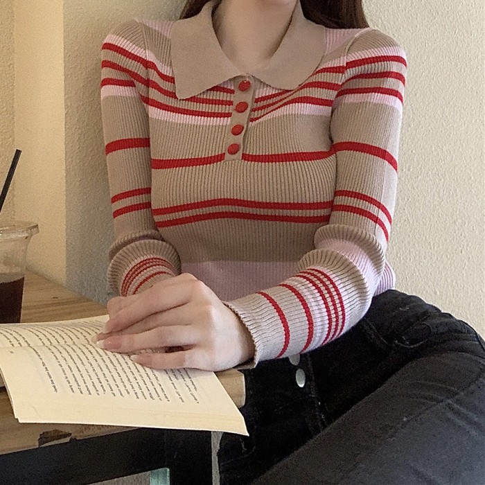 Áo thun len croptop nữ Kẻ sọc ngang Tay dài Cổ POLO Hàn Quốc Áo phông thun len nữ Dáng lửng ngắn Form ôm