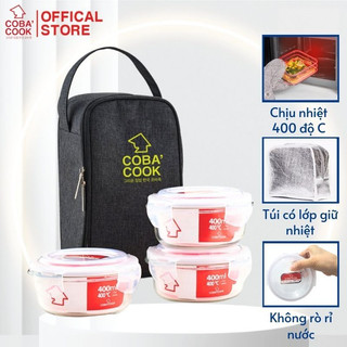 Bộ túi hộp đựng thủy tinh COBA'COOK gồm 3 hộp tròn 400ml và 1 túi giữ nhiệt với- CCR43BL