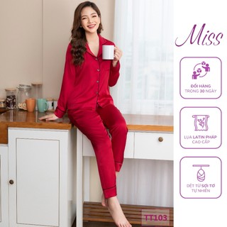 Đồ ngủ lụa cao cấp, Bộ mặc nhà Pijama lụa Latin Pháp sang trọng, thanh lịch - Dài Né Đỏ - TT103