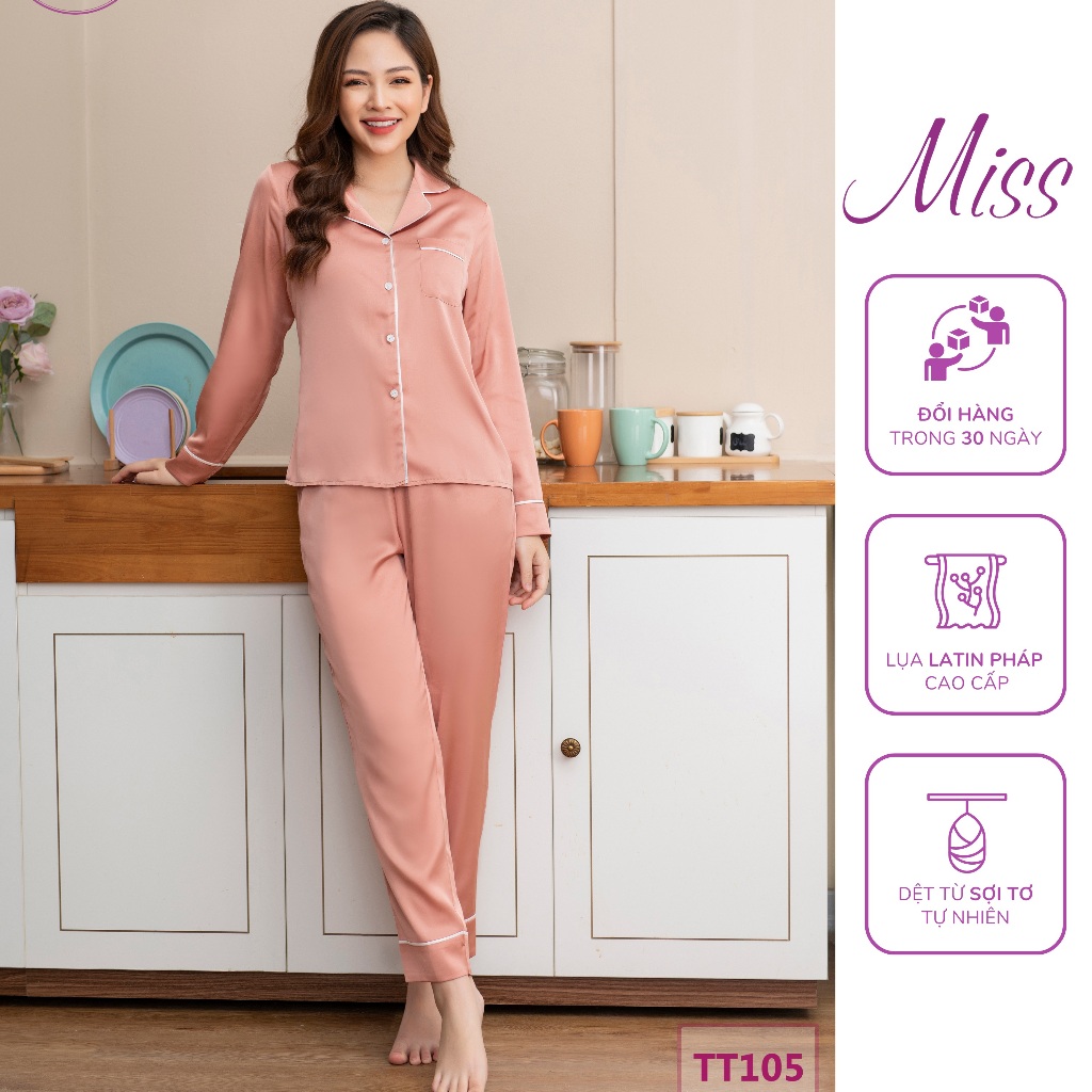 Bộ đồ ngủ lụa dài tay cao cấp, Bộ pijama lụa Latin Pháp cao cấp Miss - TT105 - Dài né tôm