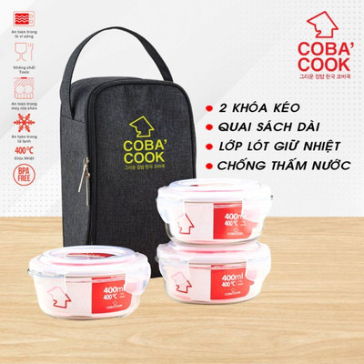 [XẢ KHO] Bộ túi hộp cơm thủy tinh đựng thức ăn thực phẩm hộp cơm văn phòng COBACOOK - CCR43BL