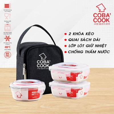 [XẢ KHO] Bộ 3 Hộp Cơm Thủy Tinh Chịu Nhiệt COBACOOK Gồm 1 Hộp 400ml 2 Hộp 370ml Và Túi- CCR4L33BS
