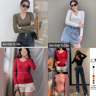Áo thun body cổ tim nữ màu trơn nhiều màu phom ôm basic.Áo dài tay nữ tay thun chất thun tăm trắng đen