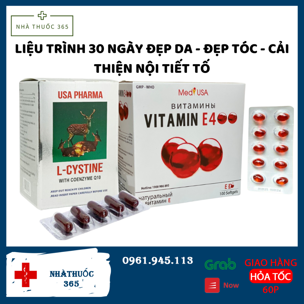 COMBO mọc tóc đẹp da L cystine 500mg và Vitamin E Đỏ Lcystine H/60v; Vitamin E đỏ H/100v