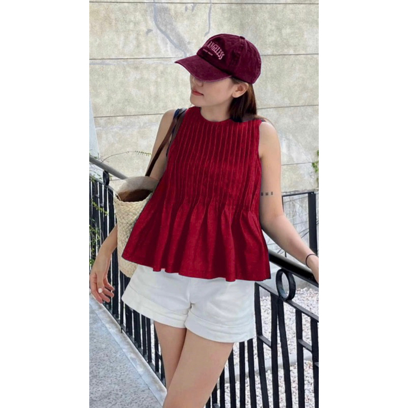 Hion Store - Set áo babydoll denim xếp ly 2 màu đỏ xanh + short trắng