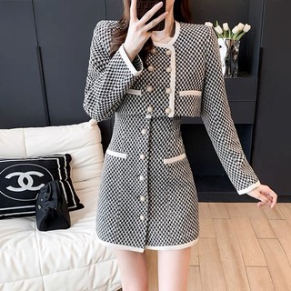 Set dạ tweed nữ áo khoác đính cúc đồng, kèm váy 2 dây sang trọng Hb.closet S183