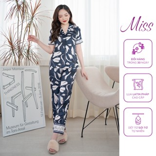 Bộ pijama đồ ngủ mặc nhà chất liệu lụa latin Pháp cao cấp kiểu dáng cộc tay quần ống rộng suông dài - CD105 Lá đen