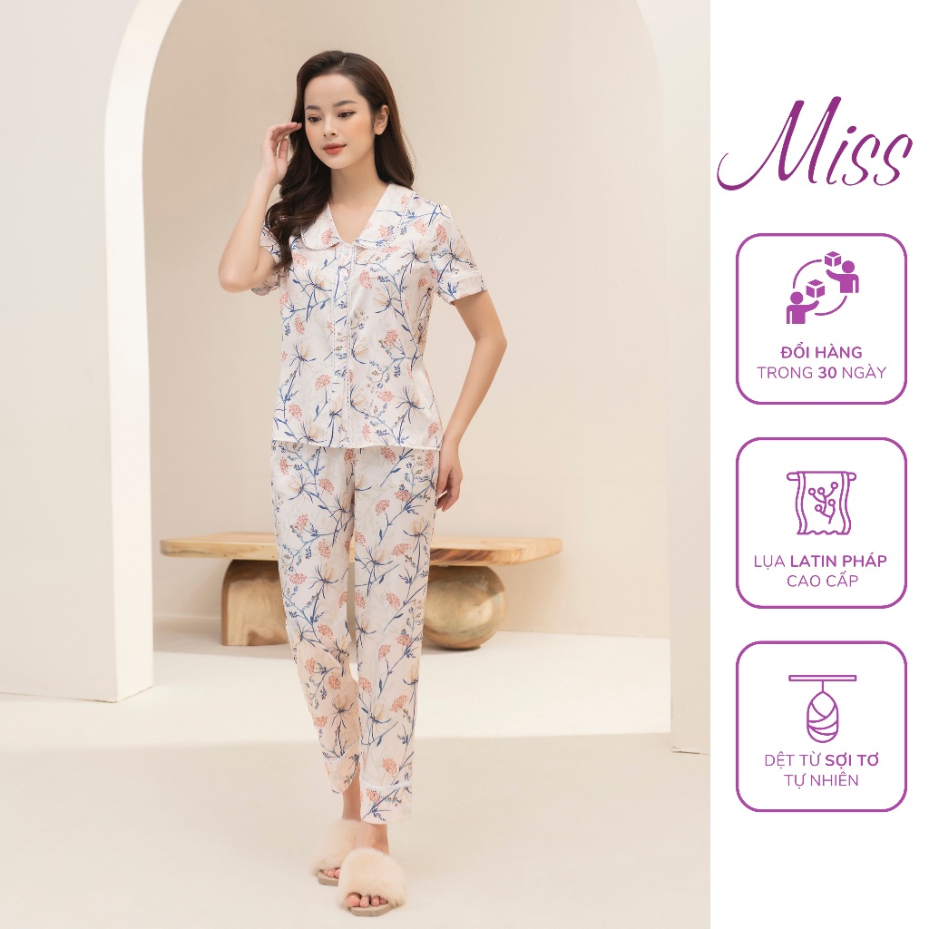 Bộ đồ ngủ nữ pijama chất lụa Latin Pháp cao cấp kiểu Tay cộc quần dài Miss viền ren CD91 - CỘC HOA NÂU REN