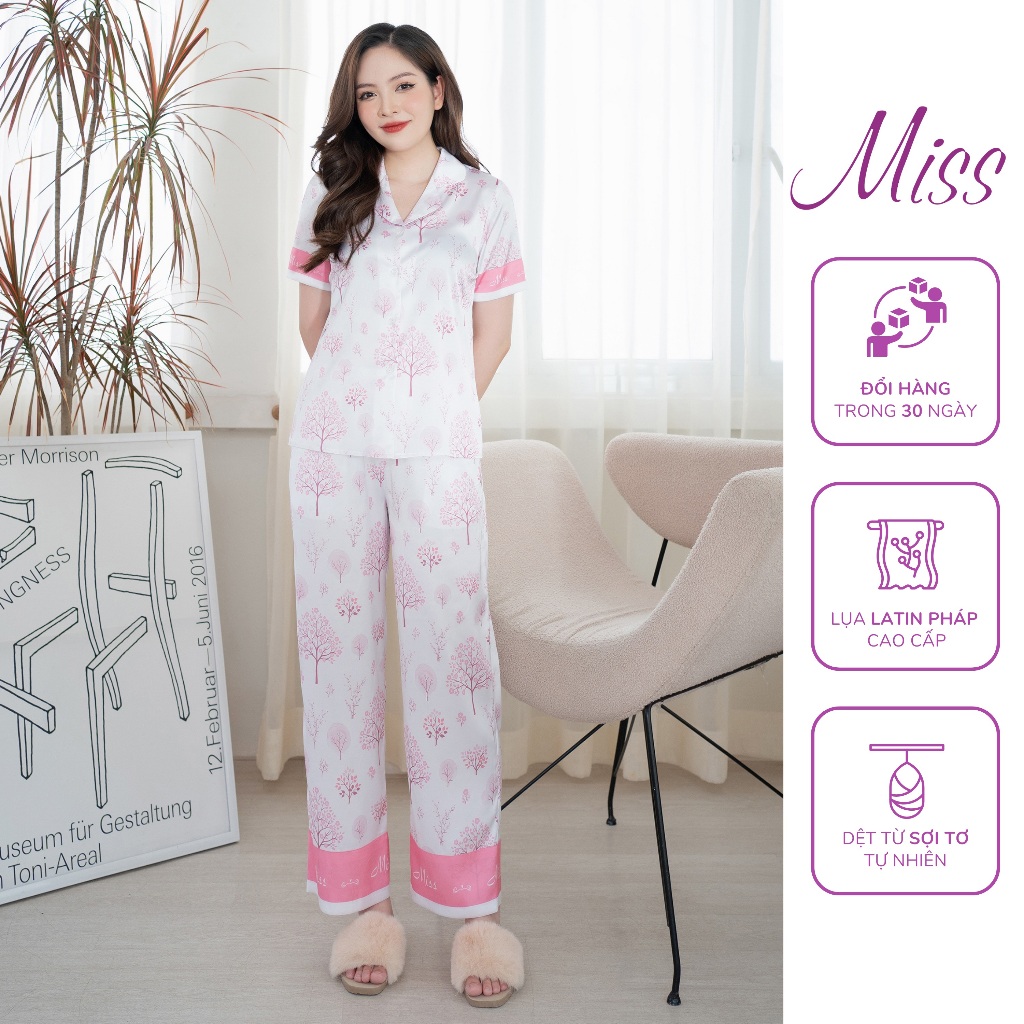 Bộ đồ ngủ pijama mặc nhà chất liệu lụa latin Pháp cao cấp kiểu dáng cộc tay quần dài ống rộng - CD106 Cây đào hồng