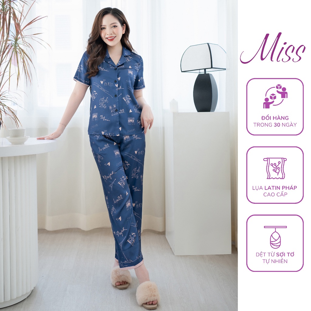 Bộ đồ ngủ lụa latin Pháp cao cấp pijama mặc nhà kiểu dáng tay ngắn quần ống rộng - CD103 Paris
