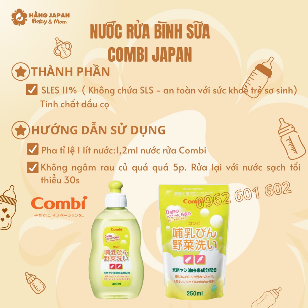 Set KM nước rửa bình Combi chai 300ml tặng túi 250ml
