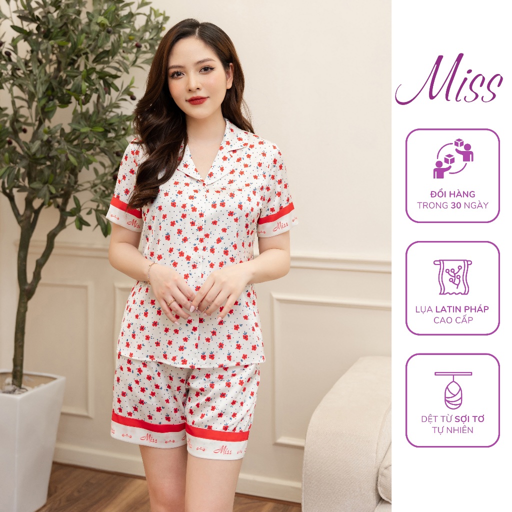 Bộ đồ ngủ lụa pyjama lụa mặc nhà kiểu dáng cộc tay quần đùi chất latin Pháp cao cấp hoạ tiết Hoa hồng nhí - CC181