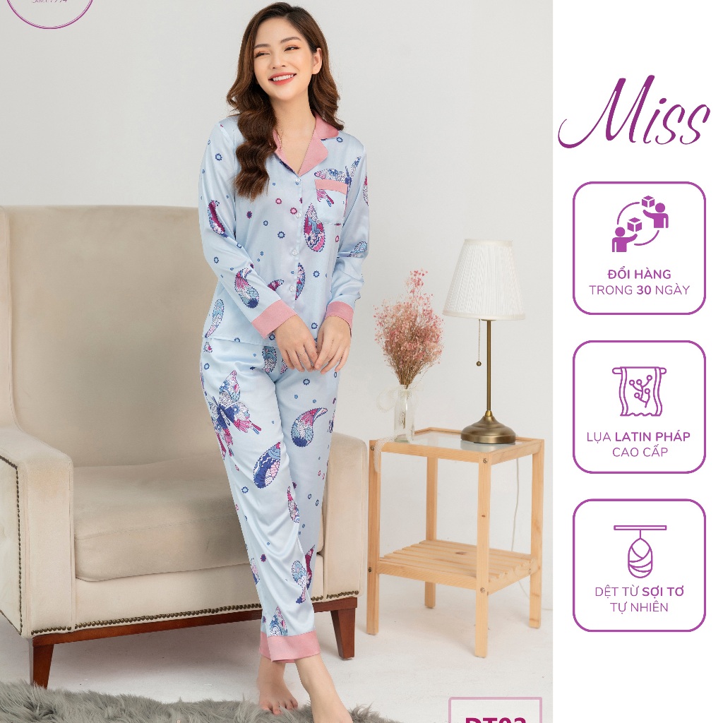 Bộ đồ ngủ pijama lụa cao cấp dài tay họa tiết- DT02 - DÀI BƯỚM XANH