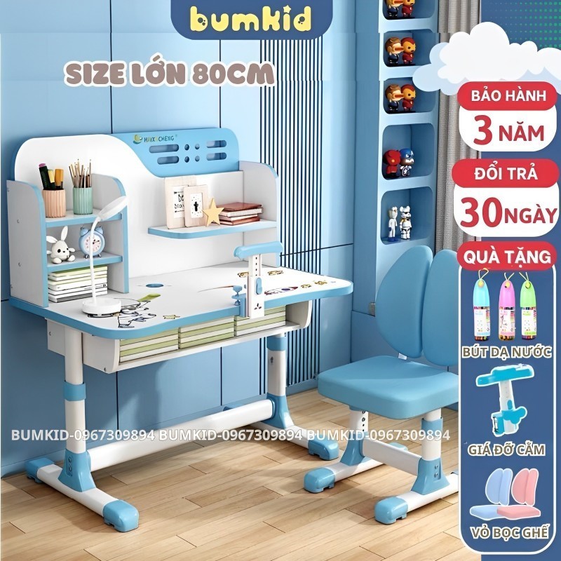 Bộ bàn học cho bé BumKid, bàn học chống gù chống cận C05, bàn học sinh thông minh tặng kèm bọc ghế, giá đỡ ngực