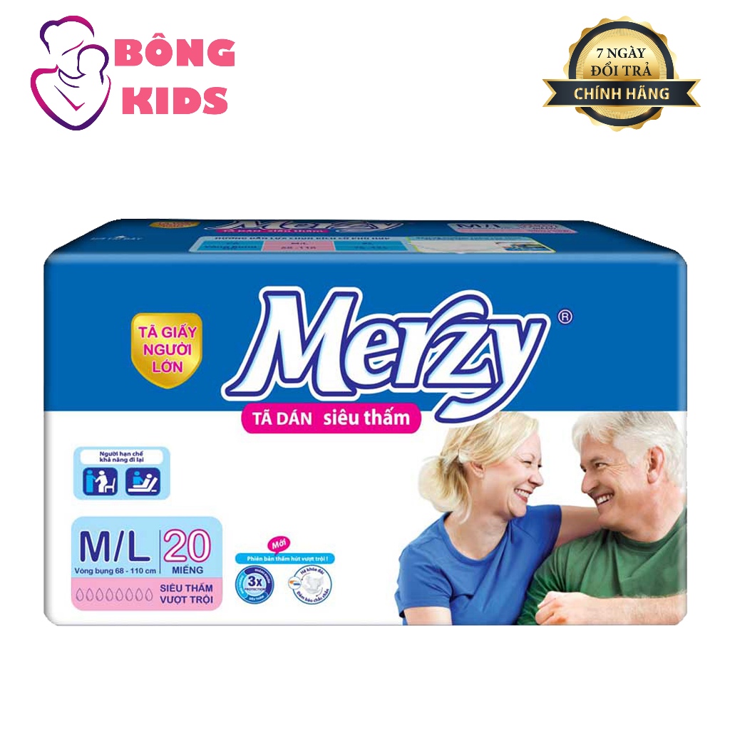 Tã Dán Người Lớn Merzy Cao Cấp Siêu Thấm Khô Thoáng Size ML 20 miếng/ XL 20 Miêng
