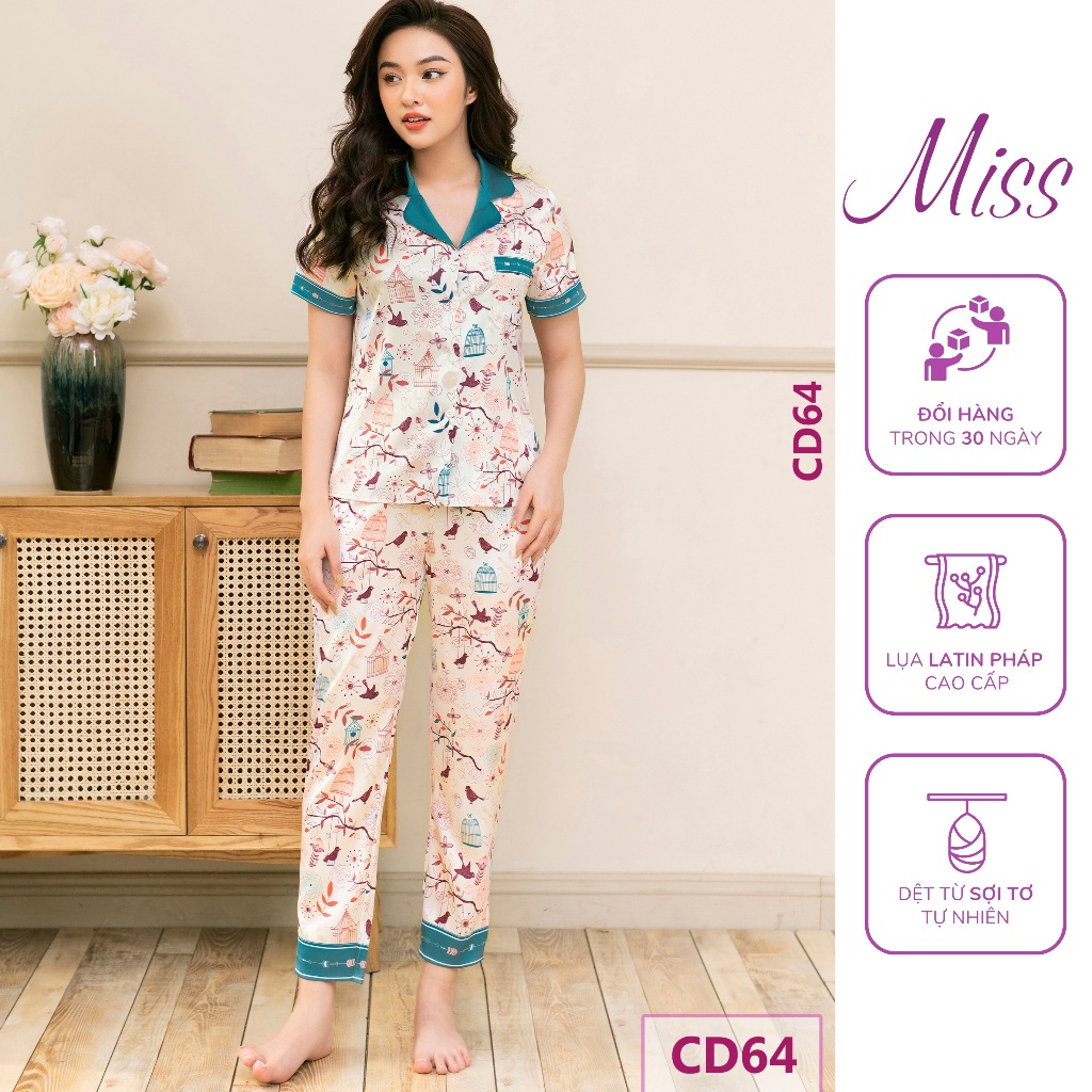BỘ NGỦ LỤA CỘC TAY QUẦN DÀI - CD64 - LỒNG CHIM