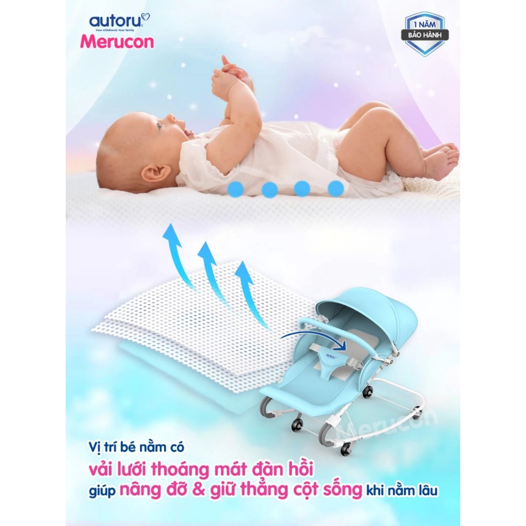 Ghế nhún bập bênh 3 tư thế nằm + 2 chế độ có 4 bánh xe dùng cho bé chơi hoặc ăn dặm Seebaby - AUTORU